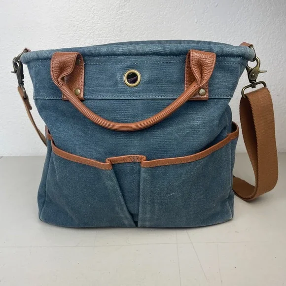 Levenger Tote Bag Denim Leather Trim 6 Pockets Purse Satchel Bucket Boho Pack